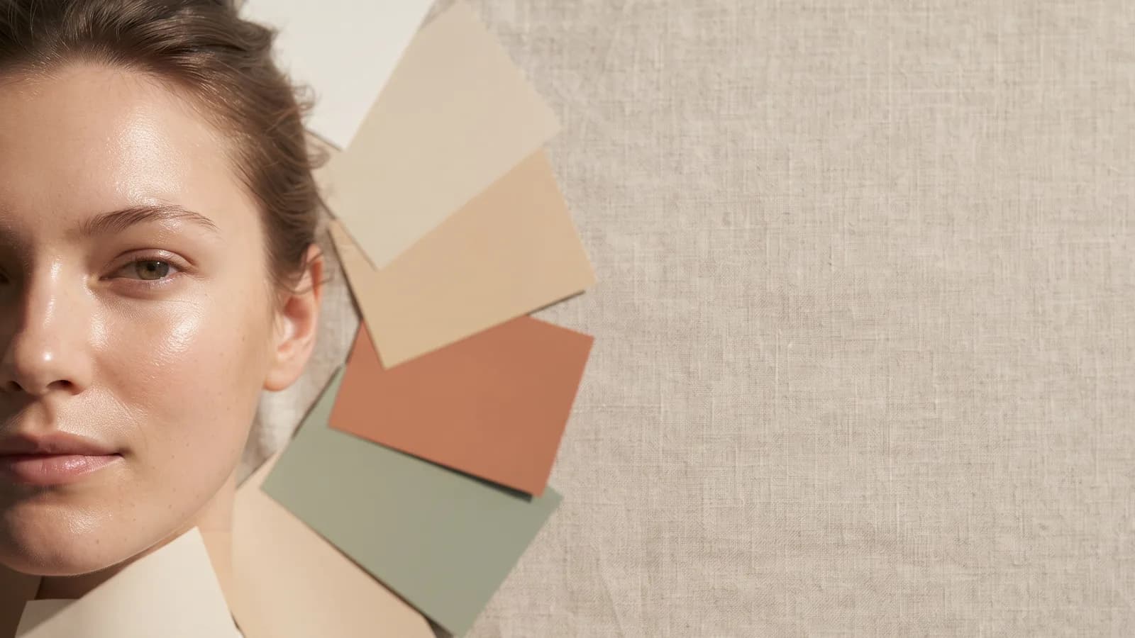 A woman face beside a fan of warm-neutral colour swatches on linen