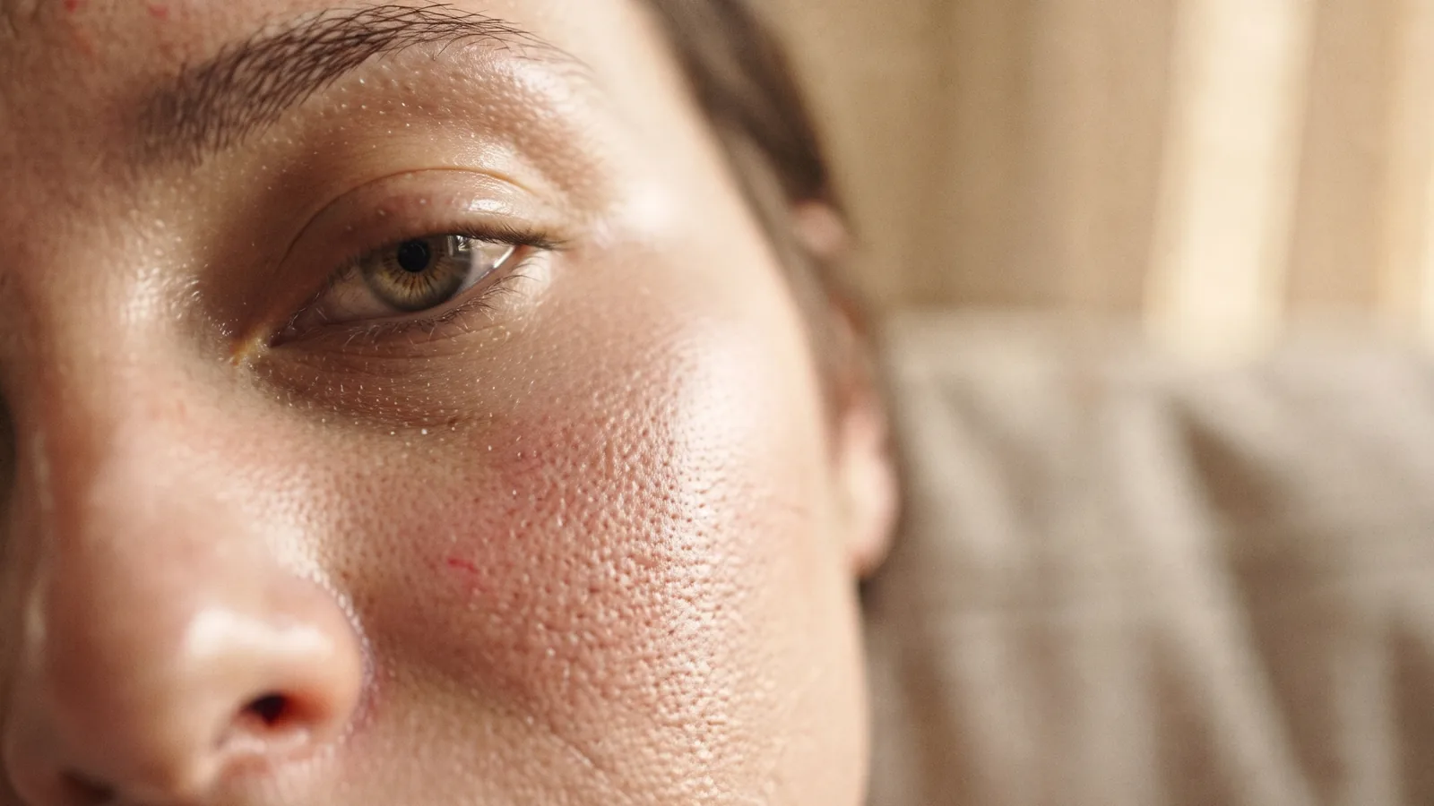 Close-up of a face in soft natural light, showing subtle gradients of skin colour