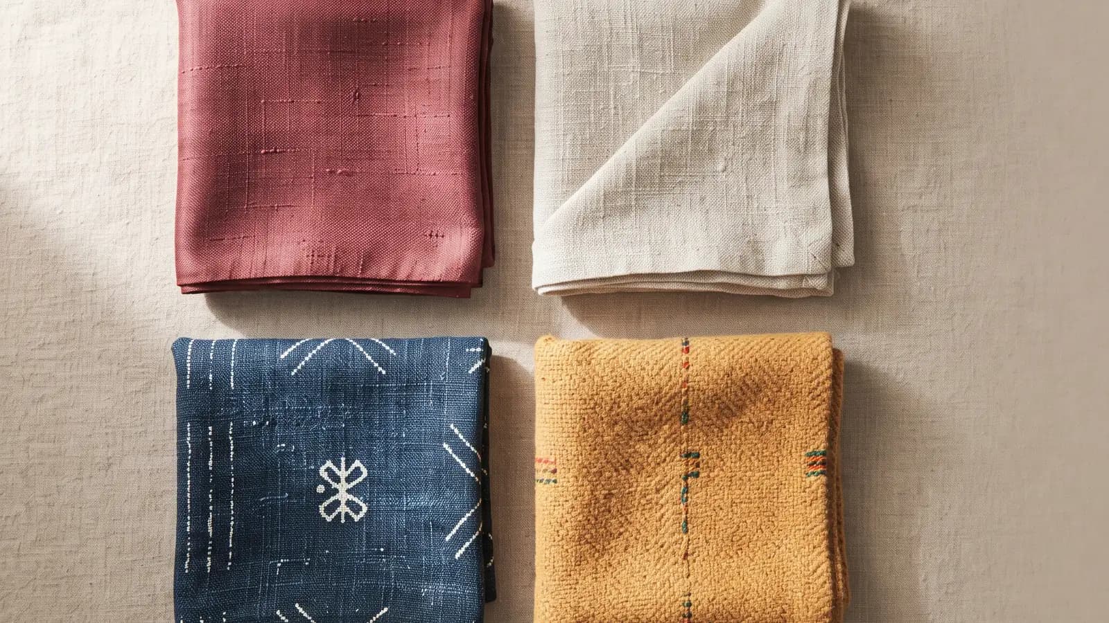 An arrangement of red, white and blue fabrics from different cultural traditions