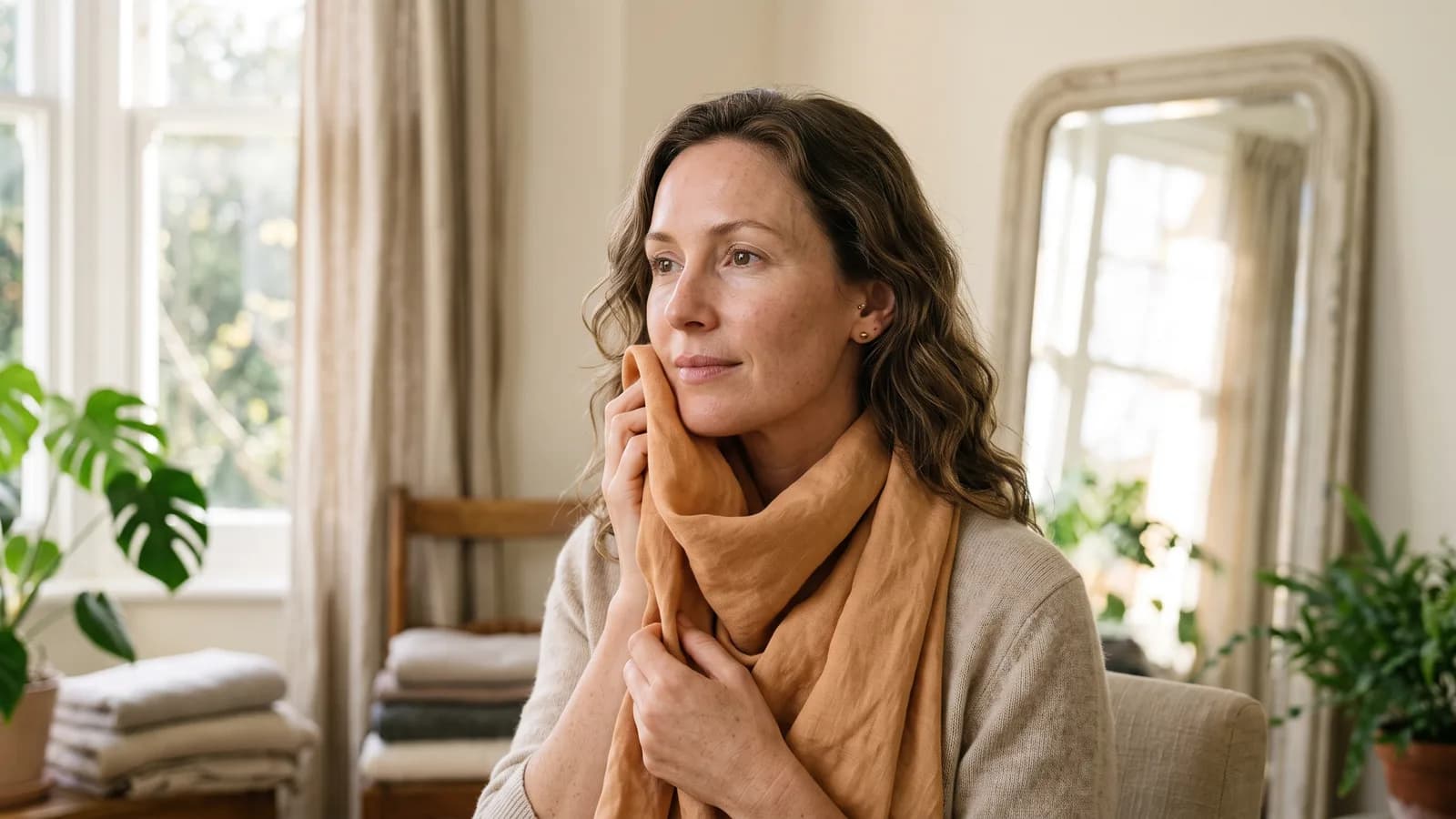 A woman in natural window light holds a warm-toned fabric swatch to her face during an at-home colour test.