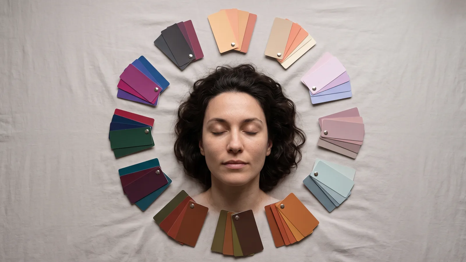 Twelve color fans arranged in a circle around a woman's face, each in a different palette — from pastel Spring to Deep Winter.