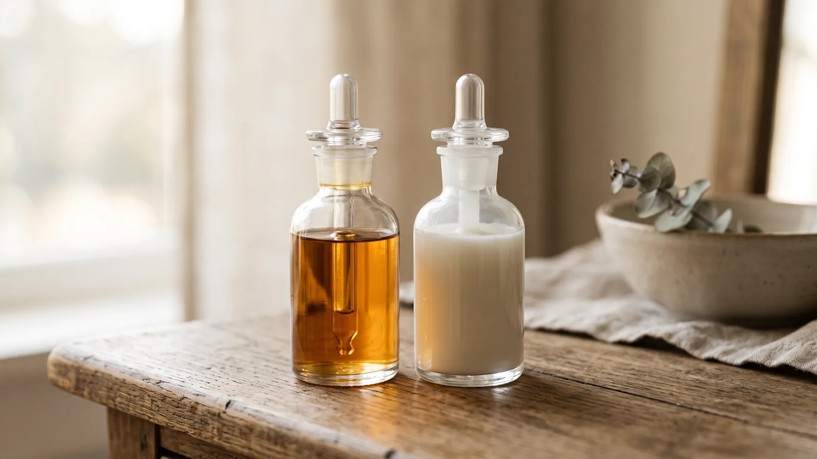 Two skincare serum bottles, one retinol and one peptide, set side by side in warm morning light.