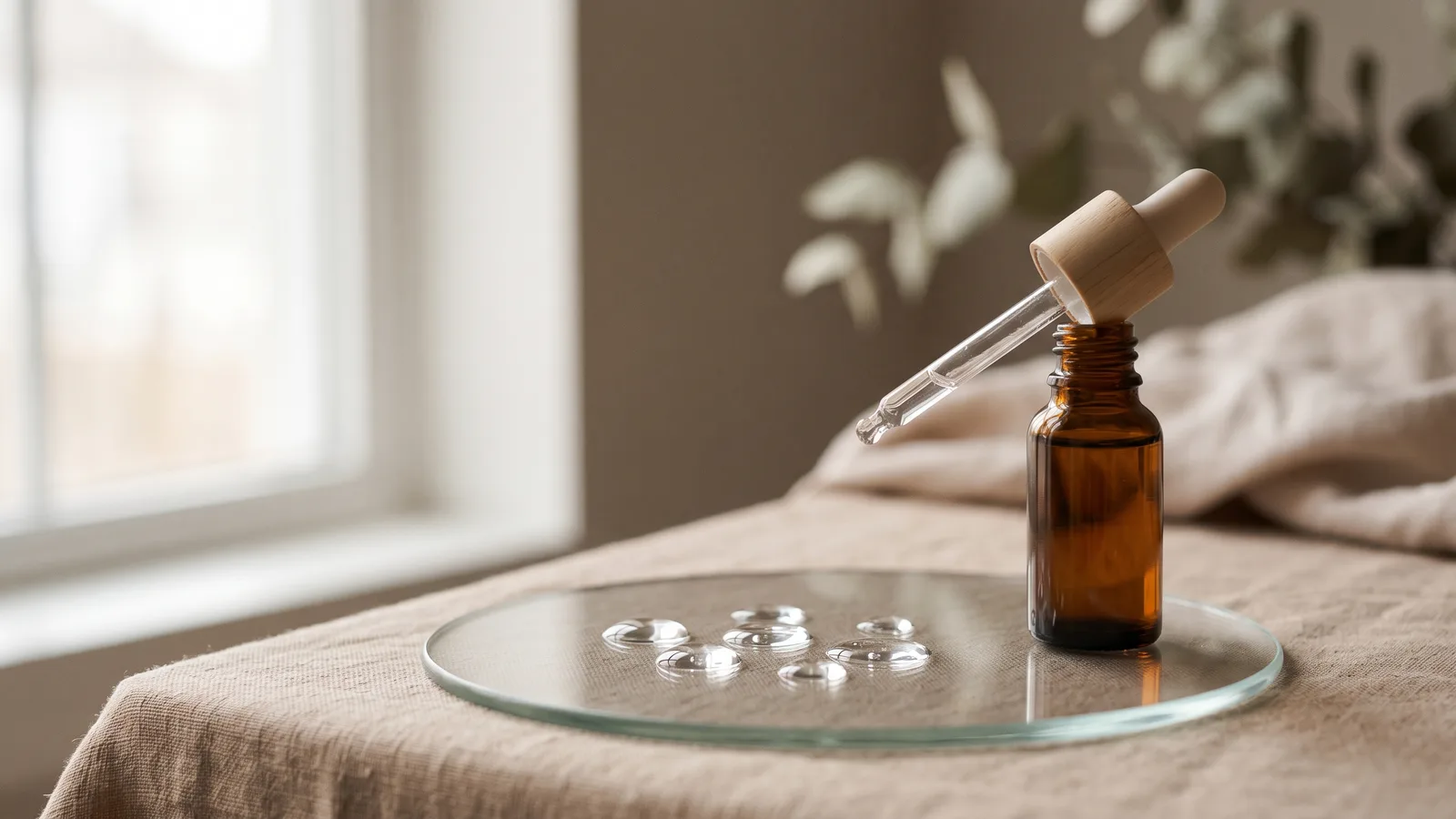 A bottle of niacinamide serum next to droplets of liquid on a glass plate, in soft natural light.