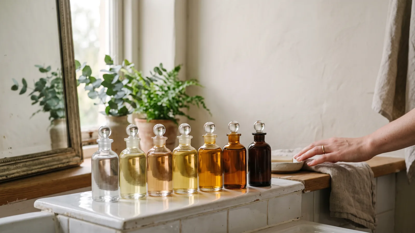 A row of vitamin C serum bottles in different shades — from clear to amber — lined up on a bright bathroom shelf.