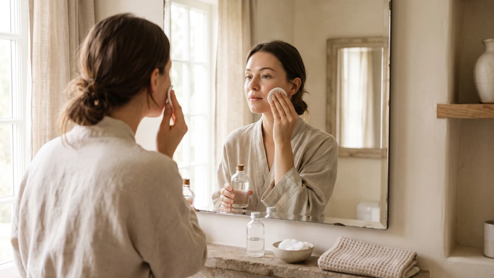 A woman applies a clear acid toner to her cheek with a cotton pad, looking in the bathroom mirror in soft morning light.