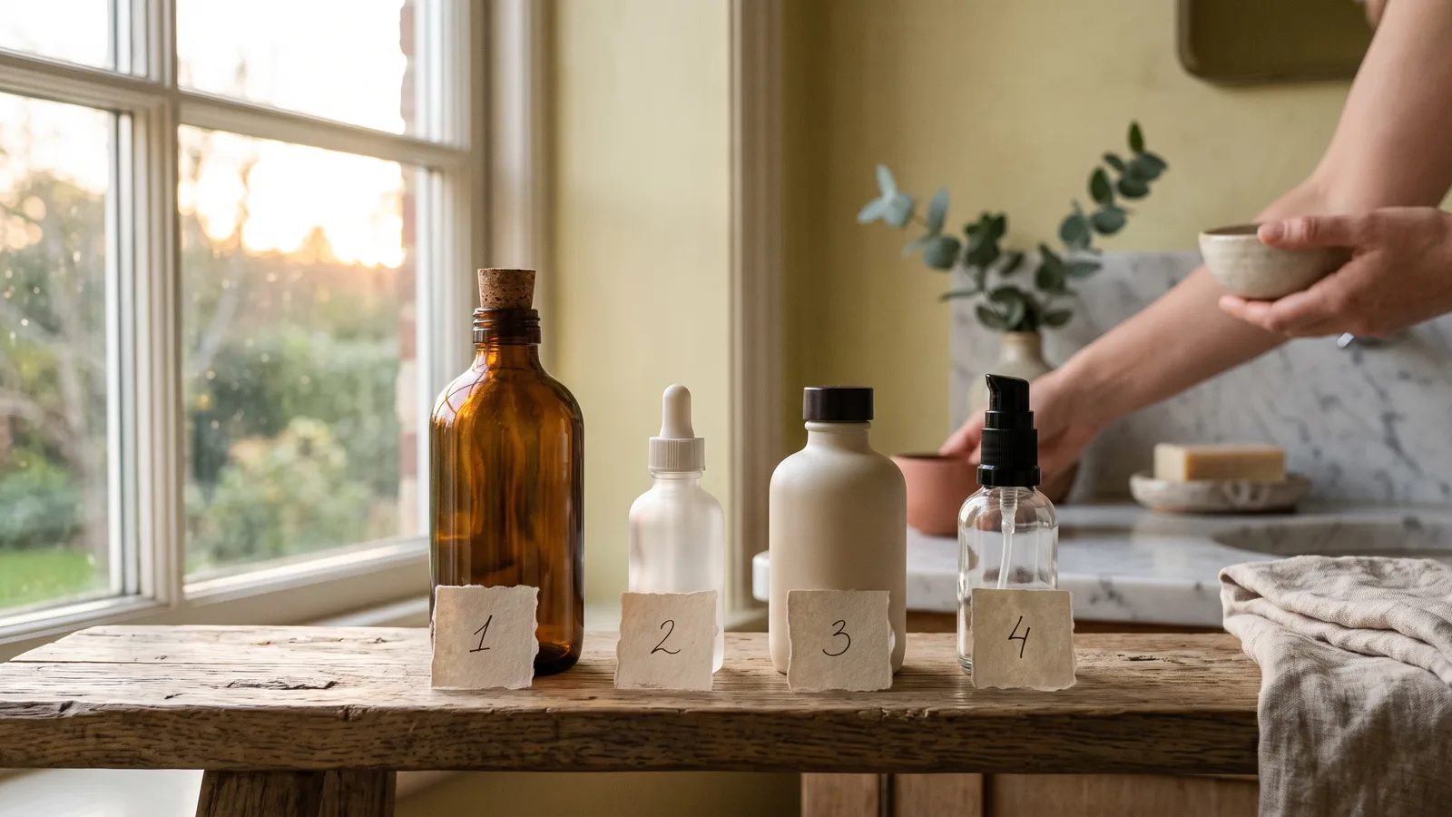 Four skincare bottles lined up in a row on a bathroom shelf, each labeled with a card showing its night number, in warm light.