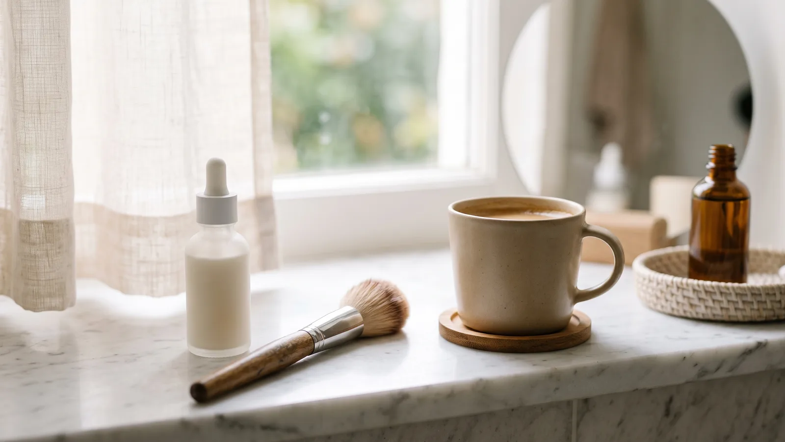 A lightweight SPF fluid standing on a bright bathroom shelf next to a makeup brush and a morning cup of coffee.
