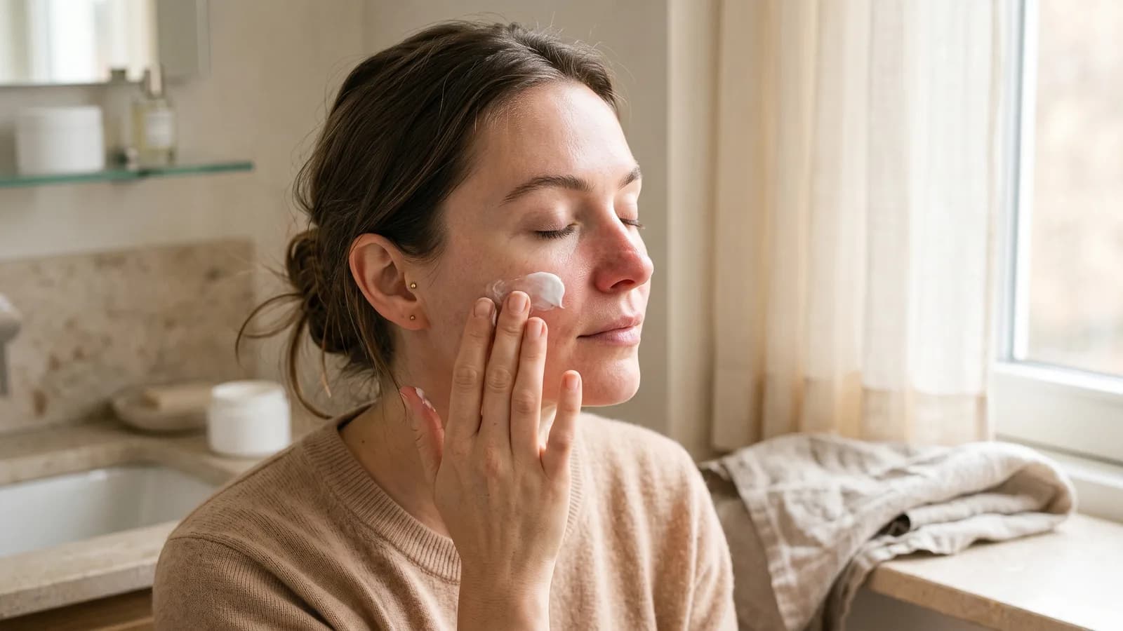 A woman applies a rich cream to her cheek in soft bathroom light, her skin slightly red and tight around the nose.