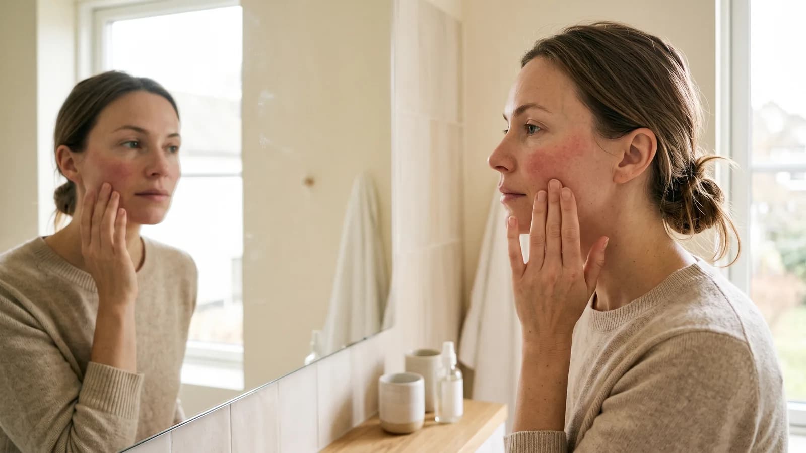 A woman gently touches her flushed cheek while looking in the mirror, in soft, natural bathroom light.