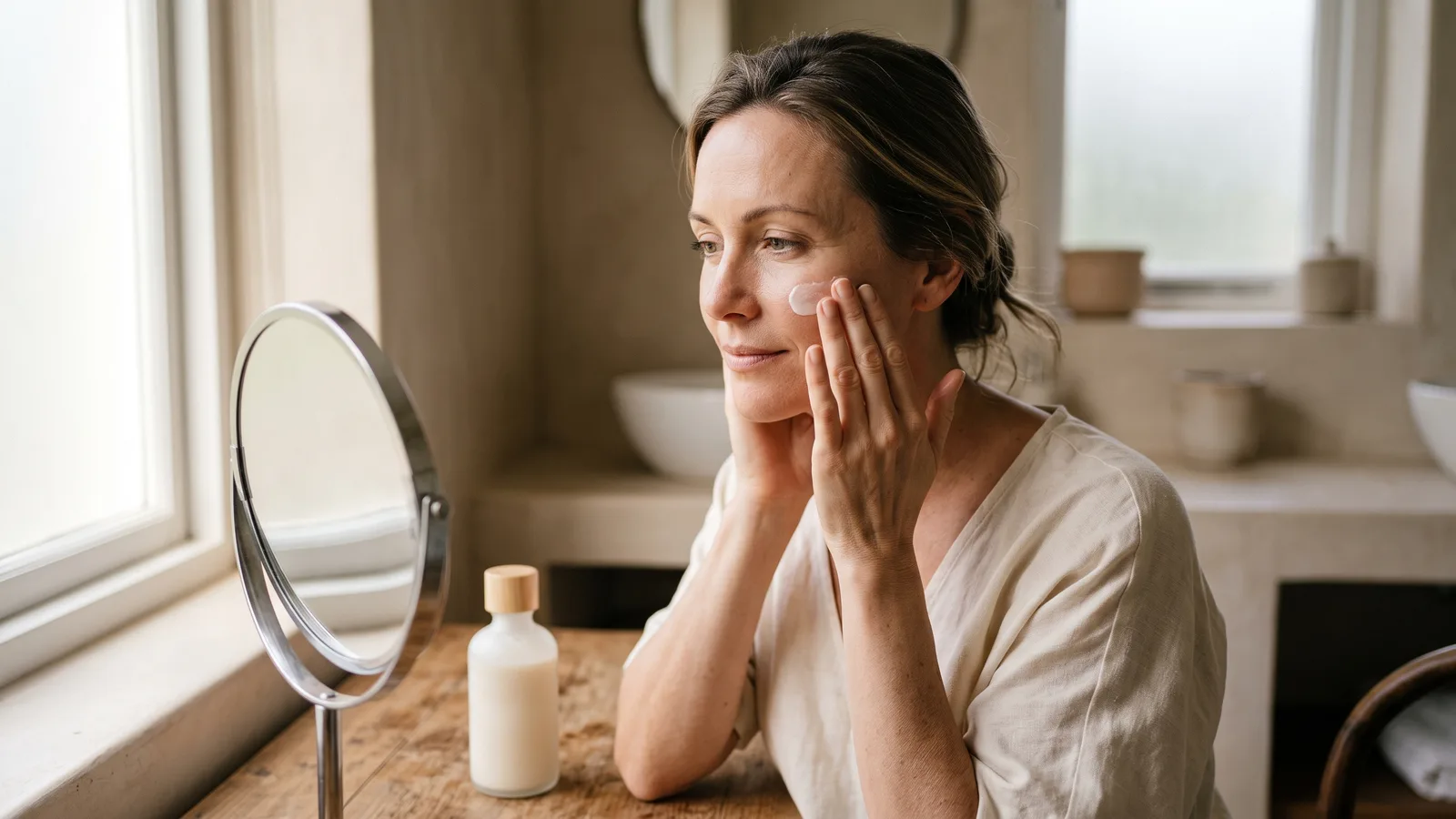 A woman in her forties applies cream to her cheek in warm, natural bathroom light, skin matte and well cared for, a calm, focused expression.