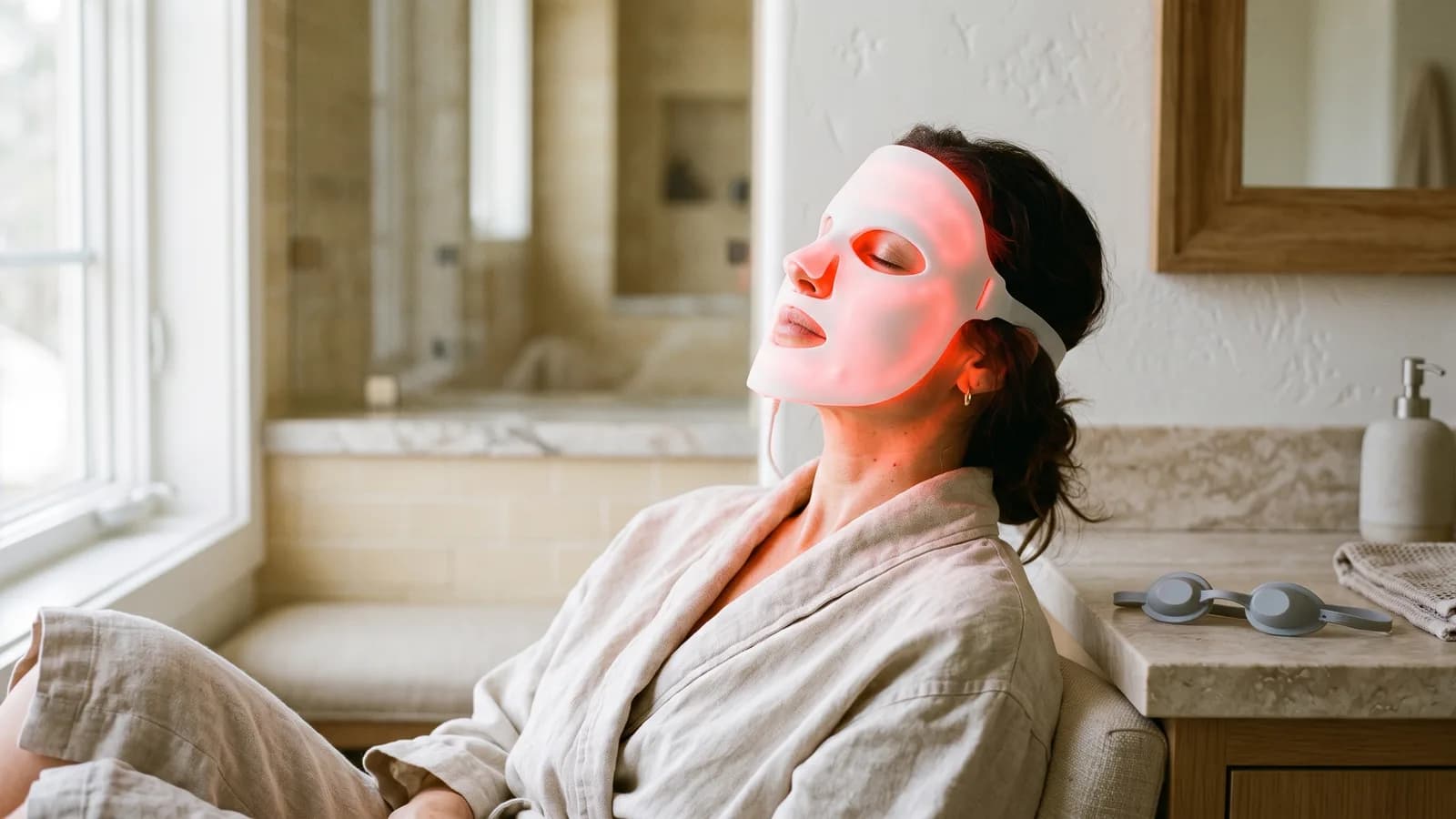 A woman in a bright bathroom wearing a silicone LED mask, a soft red glow on her skin, eyes closed, with separate protective goggles resting on the counter beside her.