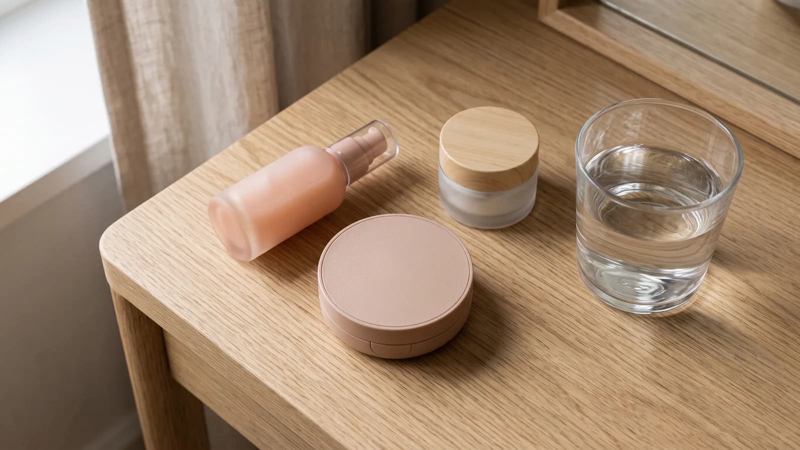 Overhead view of a vanity with a row of Korean cosmetics in pastel packaging — a pump-bottle serum, a cushion SPF compact, a cream in a glass jar — next to a glass of water in soft morning light.