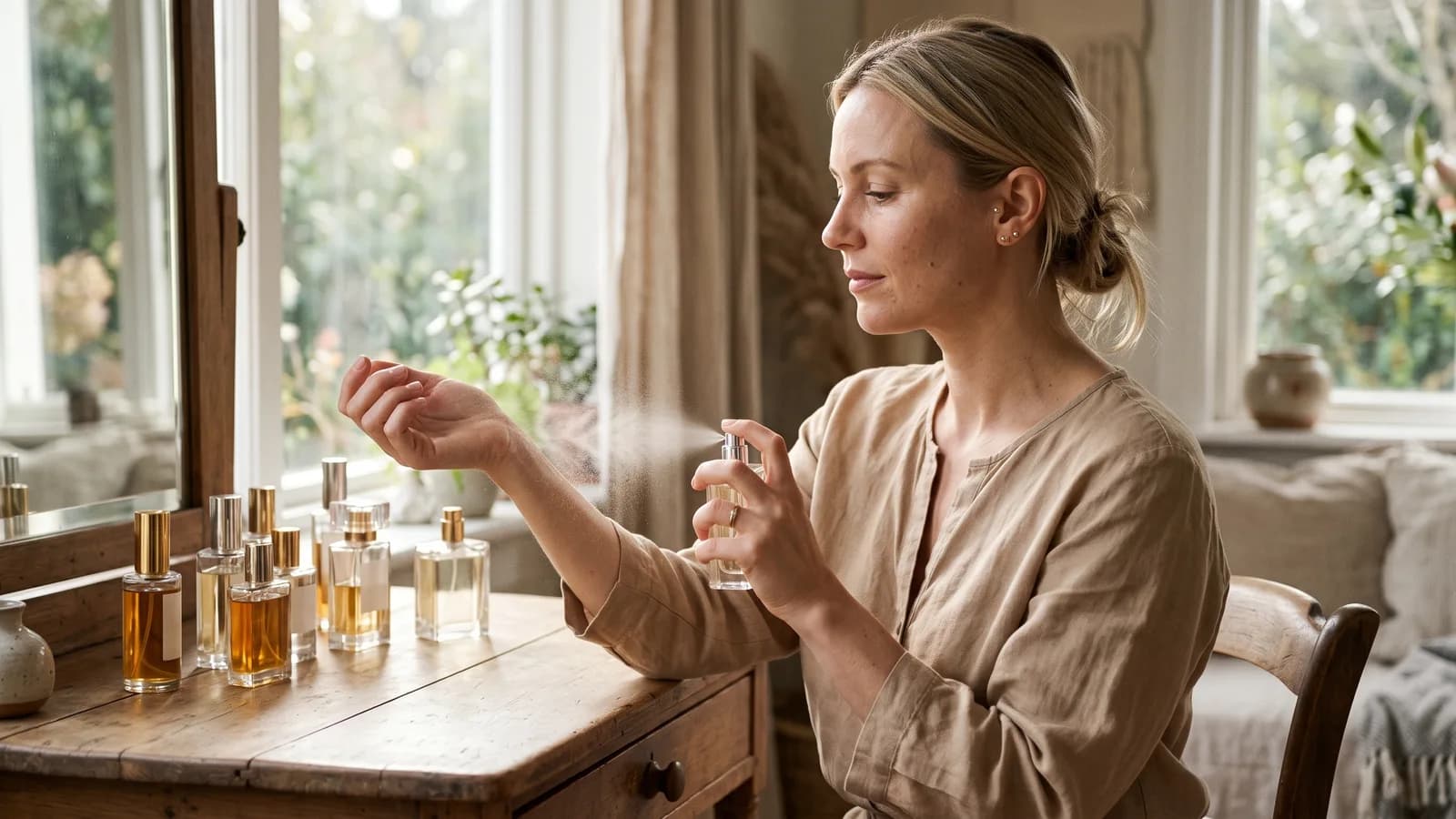 A woman sprays perfume on the inside of her wrist at a vanity with several bottles, soft afternoon light from the window.