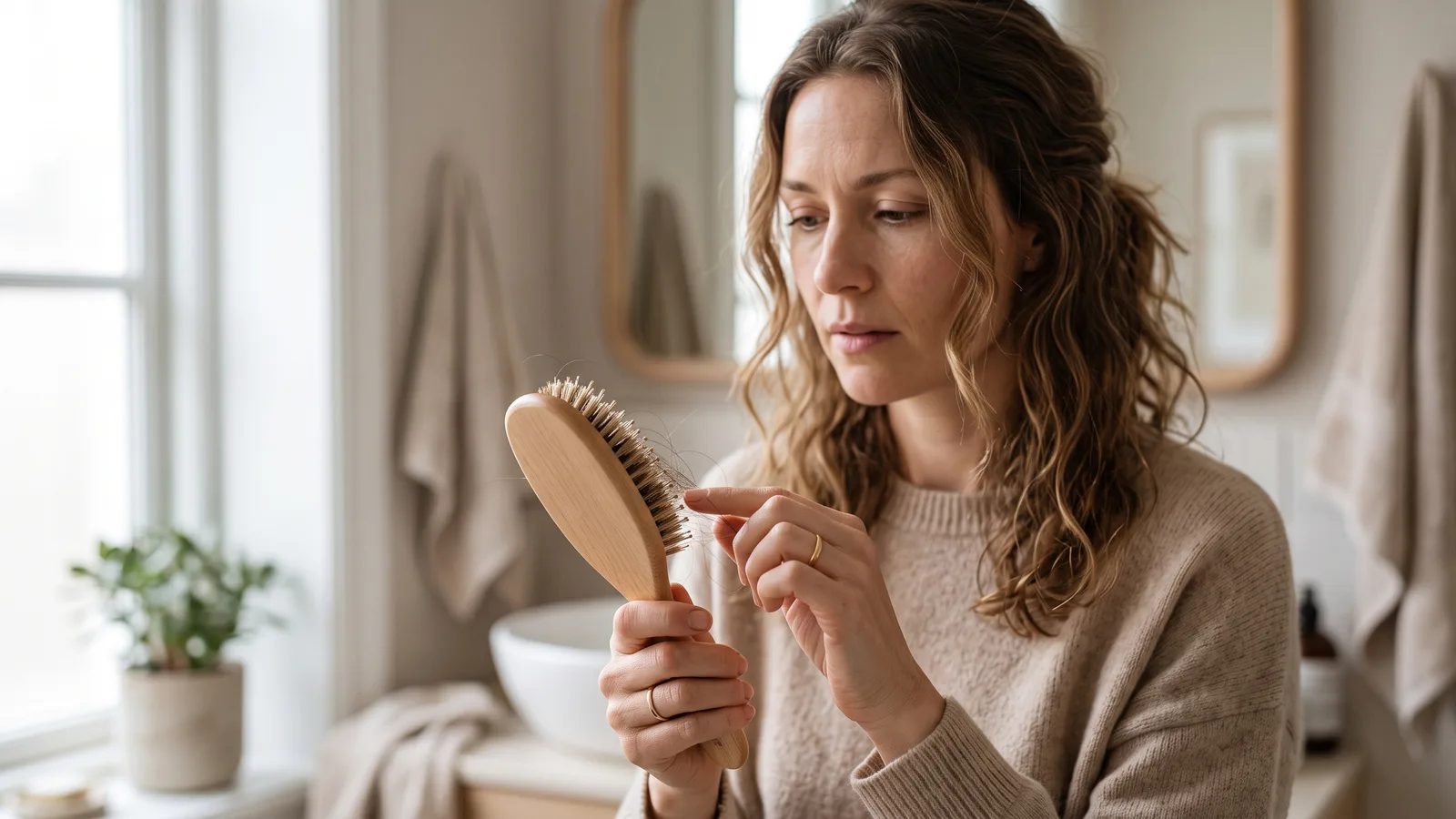 A woman holds a hairbrush with tangled strands in her hand, looking at it in the natural light of a bathroom, her expression focused and slightly worried.