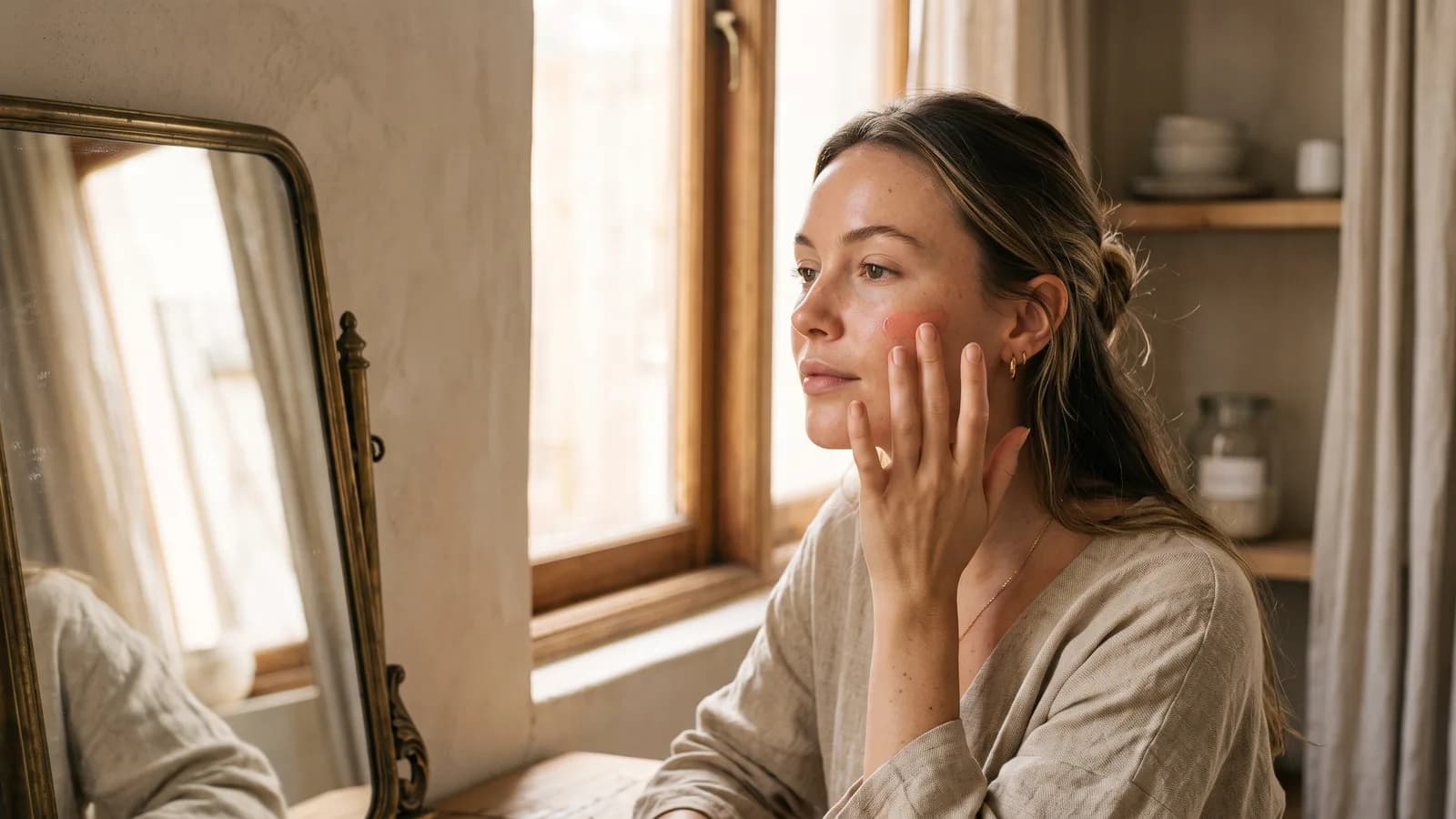 A woman applies cream blush with her fingertips to her cheek in warm morning light by a mirror, skin radiant and natural, with no trace of visible makeup.
