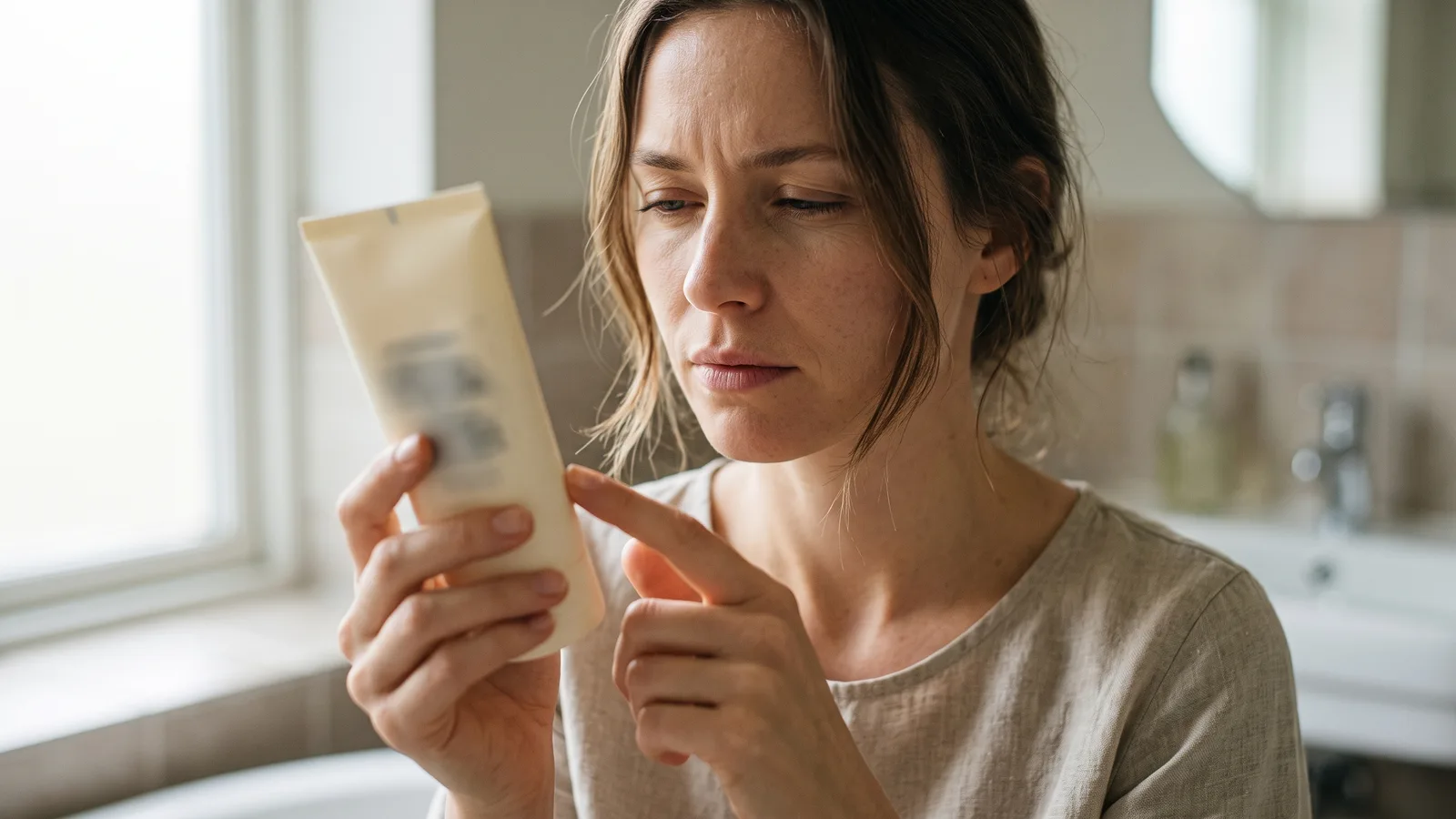A woman in natural bathroom light holds a cream tube close to her face, reading the fine print on the back of the packaging, her finger paused halfway down the ingredient list.