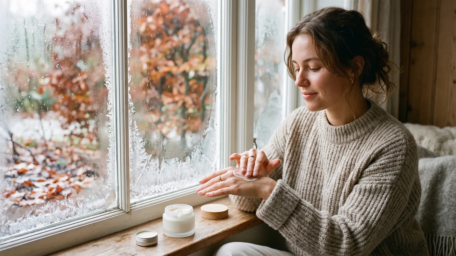 A woman in a thick sweater applies cream to her hands by a window with autumn leaves and frost on the glass outside; a jar of cream and a lip balm sit on the windowsill.