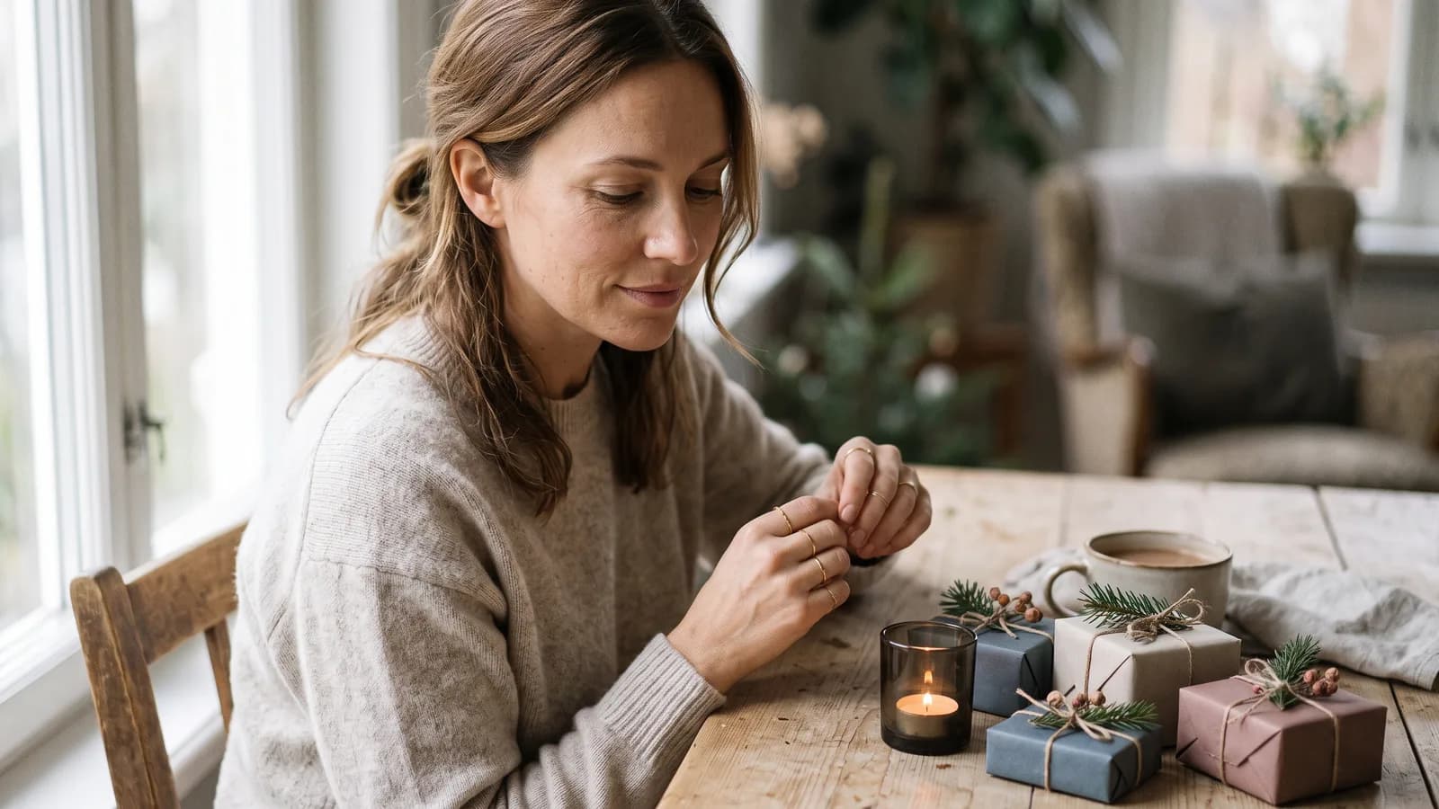 A few cosmetics boxes wrapped in muted-tone paper, a ribbon and a fir sprig beside them, warm candlelight on a wooden table.